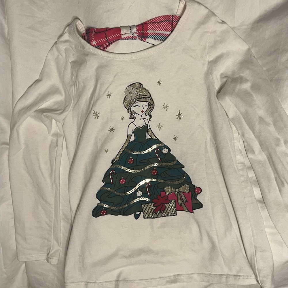 Girls White Long Sleeve Shirt with Holiday Sequined Design